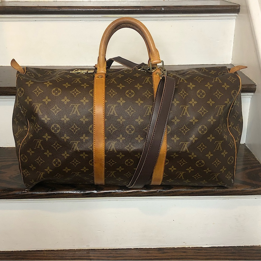 LOUIS VUITTON KeepAll LV 50 Boston Weekend Shoulder Bag Crossbody Tote Authentic